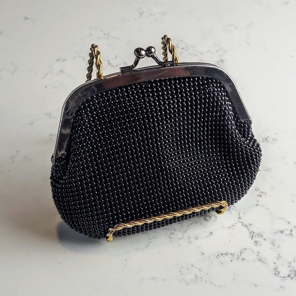 Vintage Black Beaded Gunmetal Snap Coin Purse